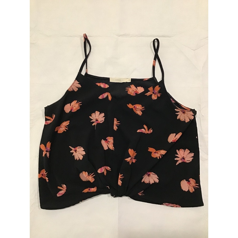 Lush Floral Cami Top Black Pink Orange Front Knot Spaghetti Strap Womens Large - Picture 1 of 3